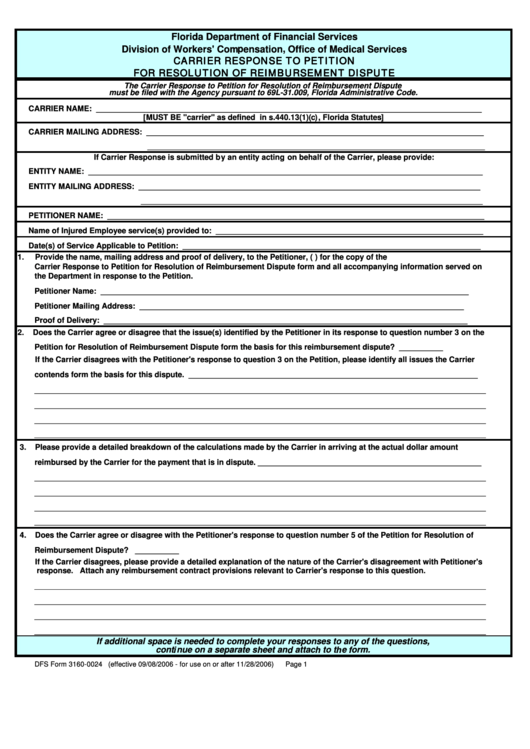 Fillable Dfs Form 3160-0024 Carrier Response To Petition For Resolution Of Reimbursement Dispute Printable pdf