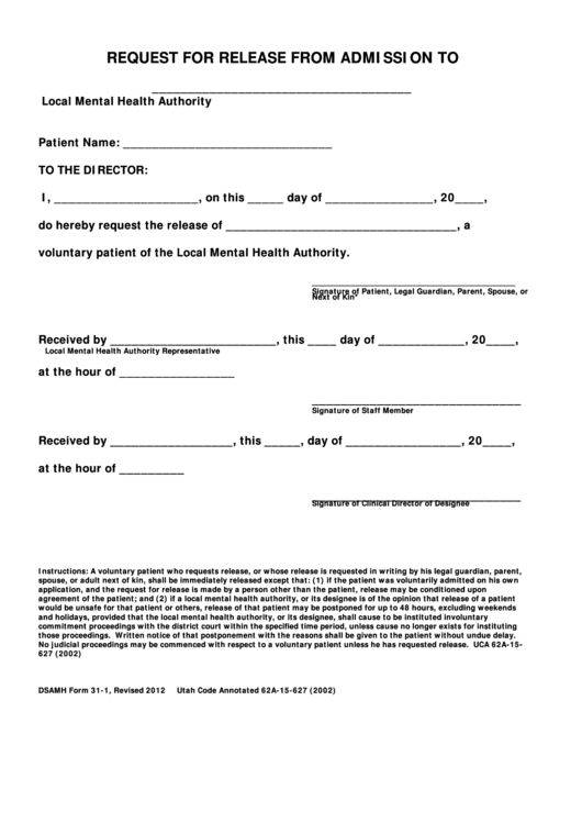 Request For Release From Admission To Form Printable pdf