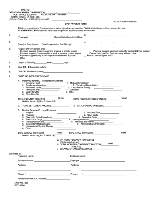 Fillable Form Lwc-Wc-1003 - Stop Payment Form Printable pdf