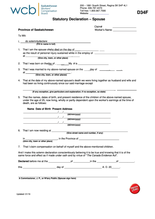 Fillable Form D34f - Statutory Declaration Spouse Printable pdf