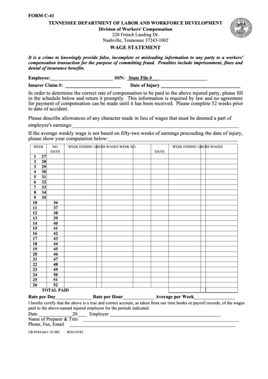 Fillable Form C-41 Wage Statement -Tennessee Department Of Labor And Workforce Development Printable pdf