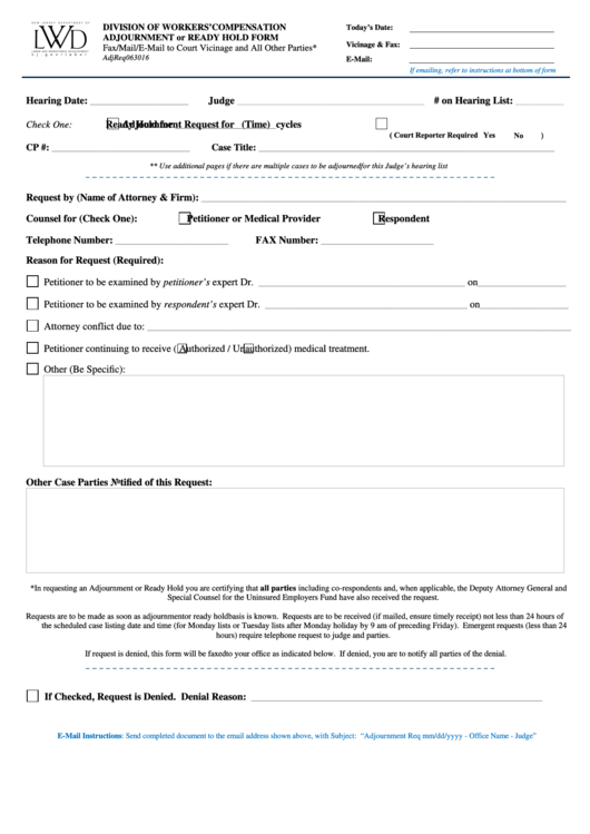 Fillable Adjournment Or Ready Hold Form Printable pdf