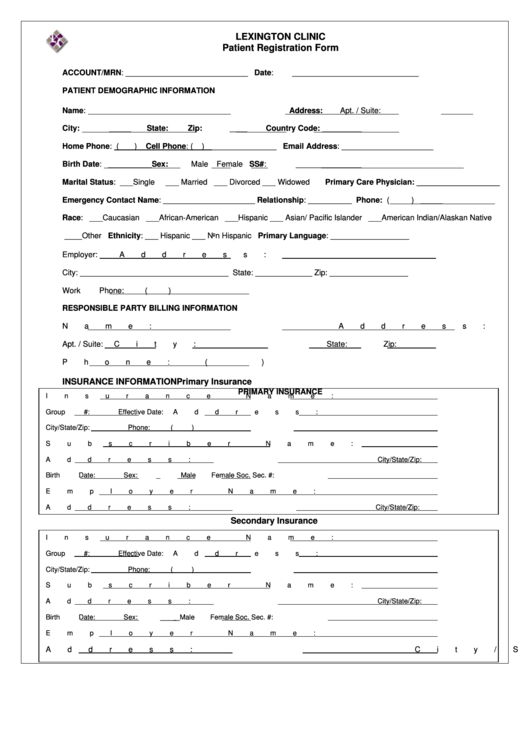 Patient Registration/patient Insurance Form Printable pdf