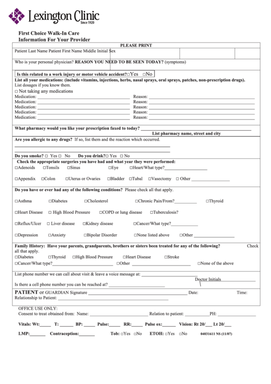 First Choice Walk-In Care: Information For Your Provider Form Printable pdf