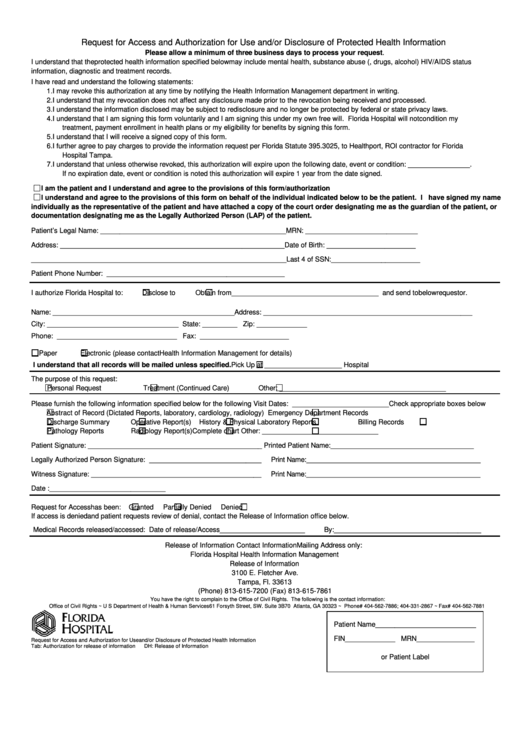Request For Access And Authorization For Use And/or Disclosure Of Protected Health Information Form - Florida Hospital Health Information Management Printable pdf