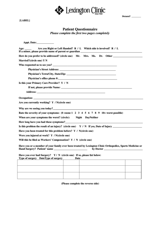 Patient Medical Questionnaire Form Printable pdf