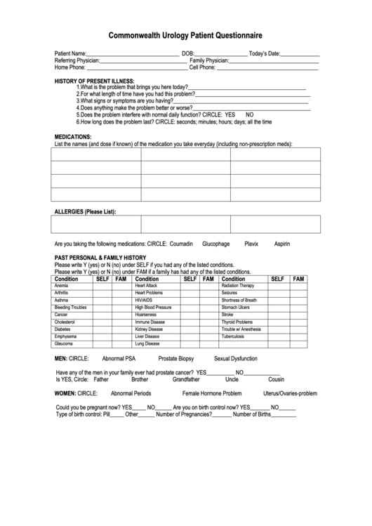 Urology Patient Questionnaire Form Printable pdf