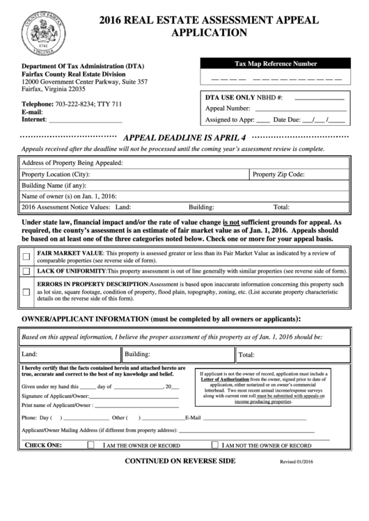 Real Estate Assessment Appeal Application - Fairfax County Real Estate Division - 2016 Printable pdf