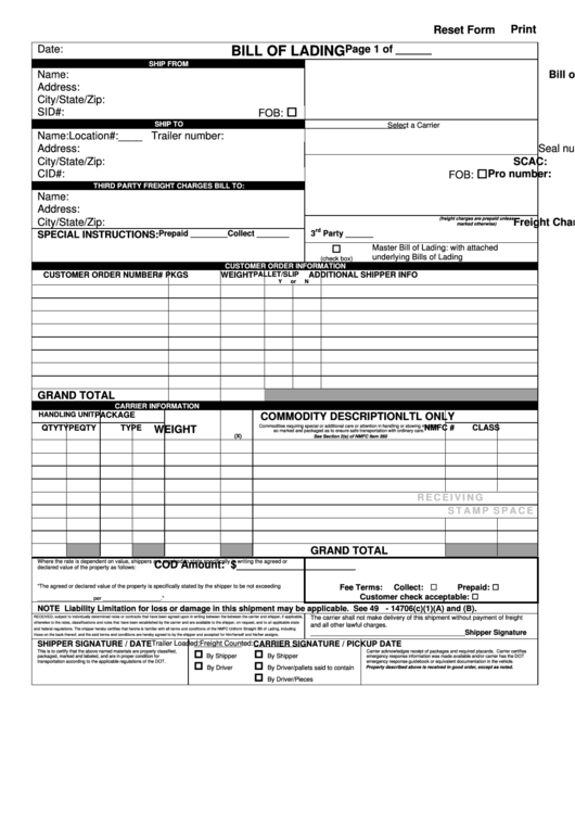 Fillable Bill Of Lading Template Printable pdf