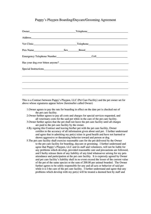 Boarding / Daycare / Grooming Agreement Form Printable pdf