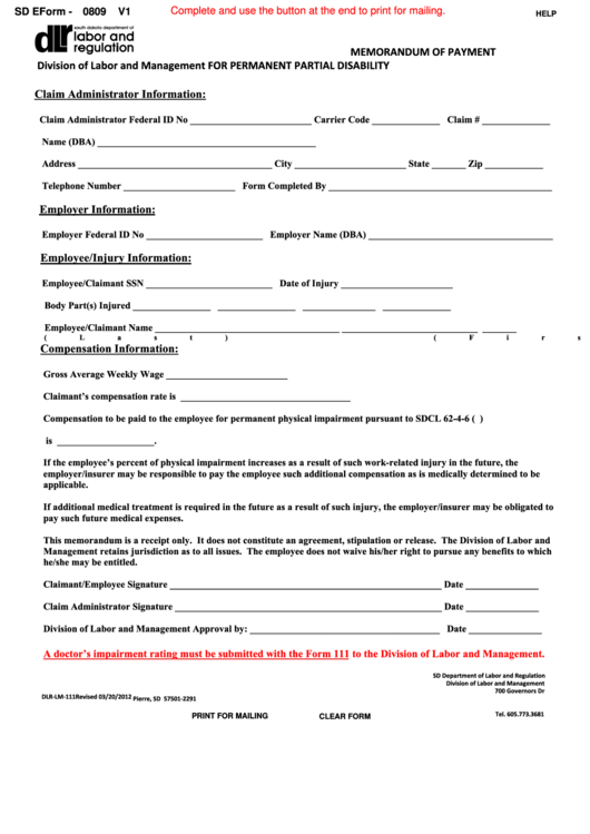 Fillable Form 0809 V1 - Memorandum Of Payment For Permanent Partial Disability Printable pdf
