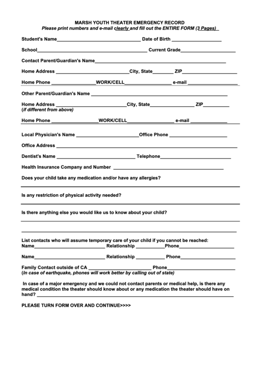 Emergency Contact And Dcyf Demographic Form Printable pdf