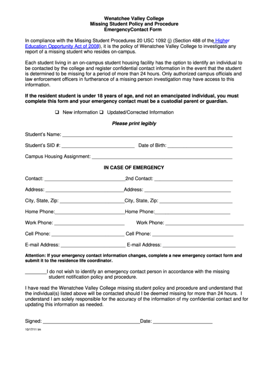 Missing Student Policy And Procedure Emergency Contact Form Printable pdf