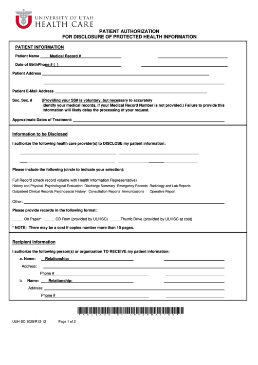 Patient Authorization For Disclosure Of Protected Health Information Form Printable pdf