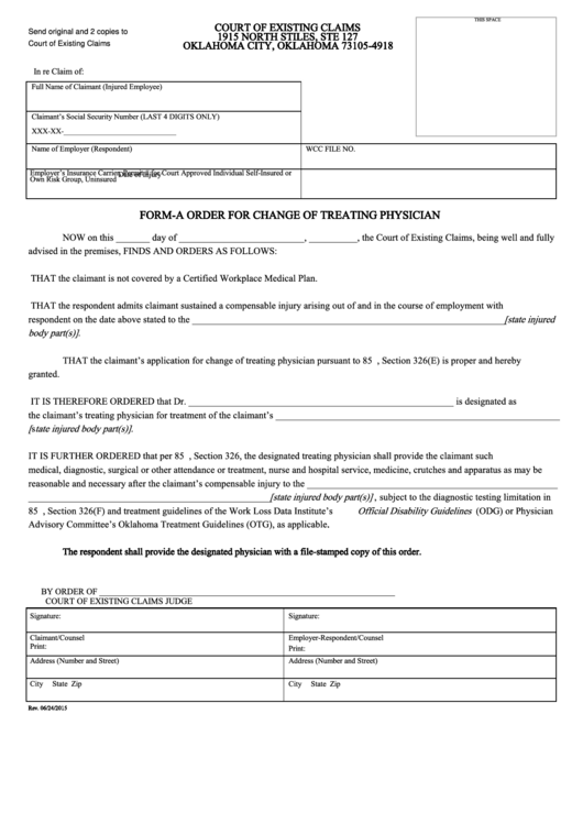 Fillable Form-A Order For Change Of Treating Physician Printable pdf