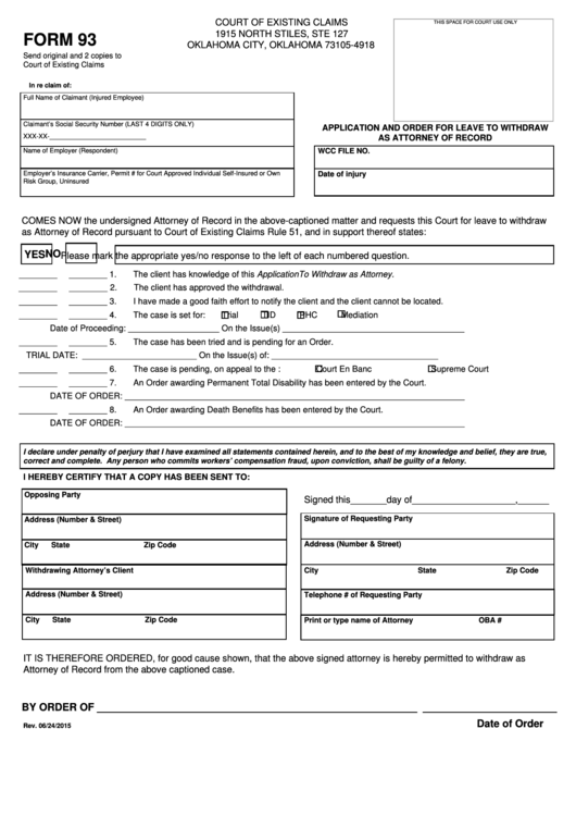 Fillable Form 93 - Application And Order For Leave To Withdraw As Attorney Of Record Printable pdf