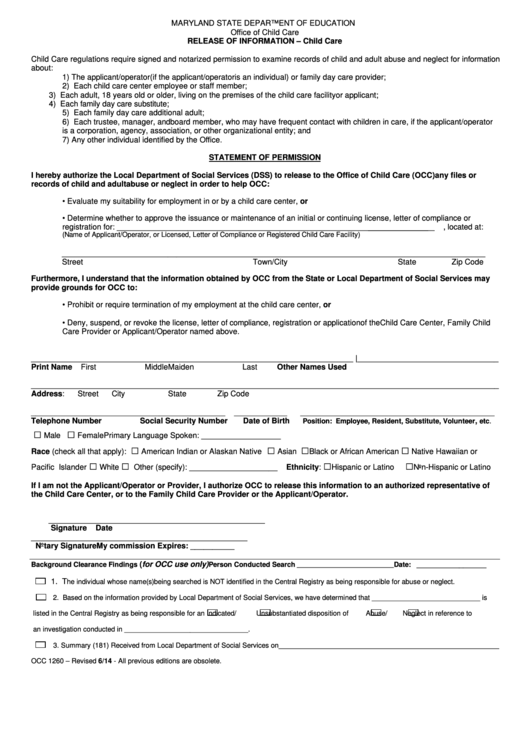 Form Occ 1260 - Release Of Information - Child Care Printable pdf