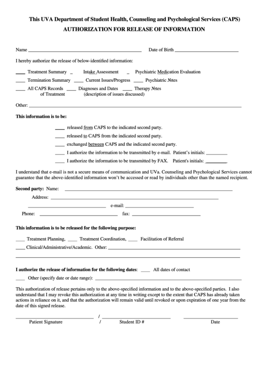 Authorization For Release Of Information Form Printable pdf