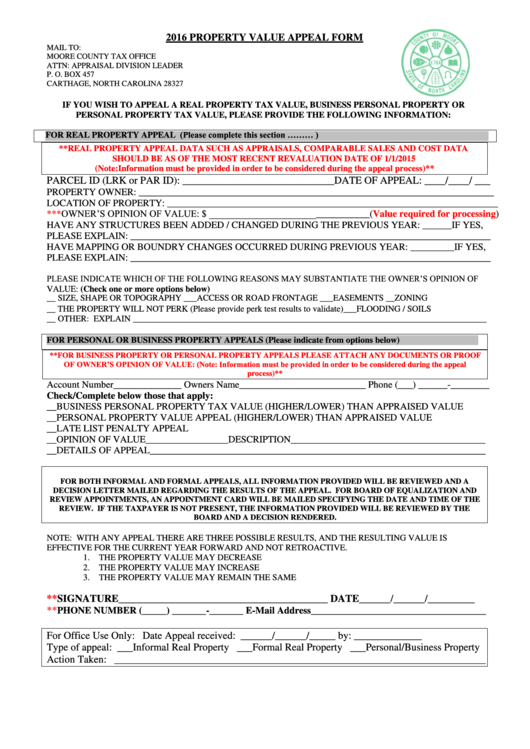 Property Value Appeal Form - Moore County Tax Office - 2016 Printable pdf