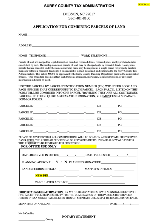 Application For Combining Parcels Of Land Form - Surry County Tax Administration Printable pdf