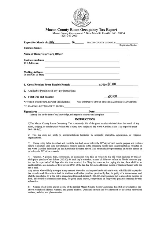 Fillable Macon County Room Occupancy Tax Report Form Printable pdf