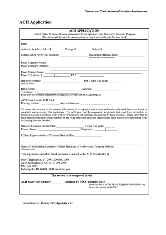 Fillable Ach Application Form - U.s. Customs Service Printable pdf
