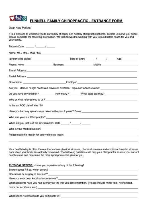Funnell Family Chiropractic - Entrance Form Printable pdf