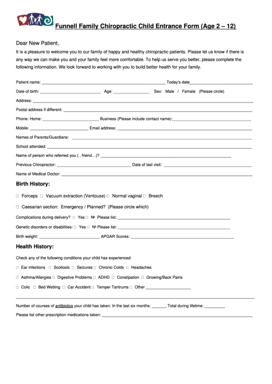 Funnell Family Chiropractic Child Entrance Form (Age 2 - 12) Printable pdf