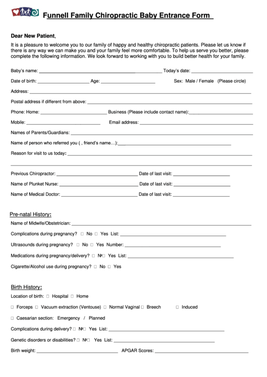 Funnell Family Chiropractic Baby Entrance Form Printable pdf