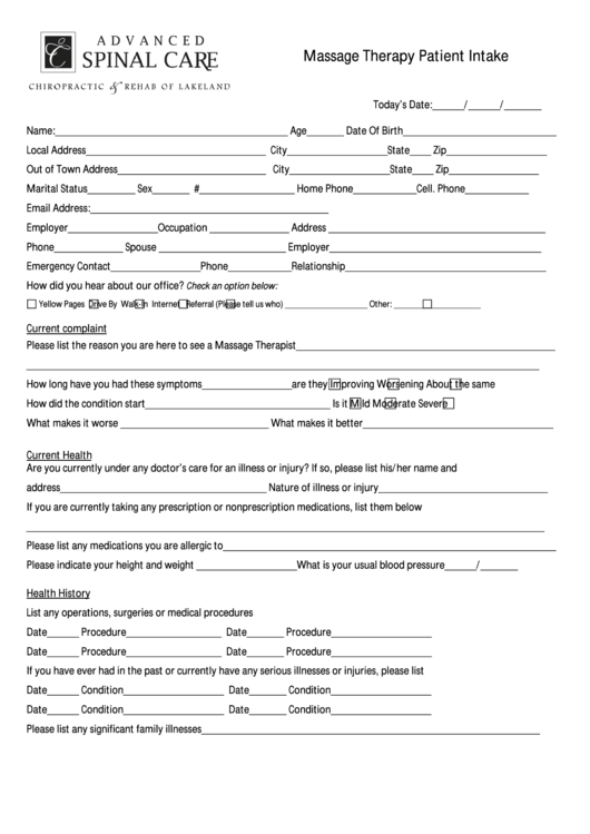 Massage Therapy Patient Intake Form Advanced Spinal Care Printable 1684