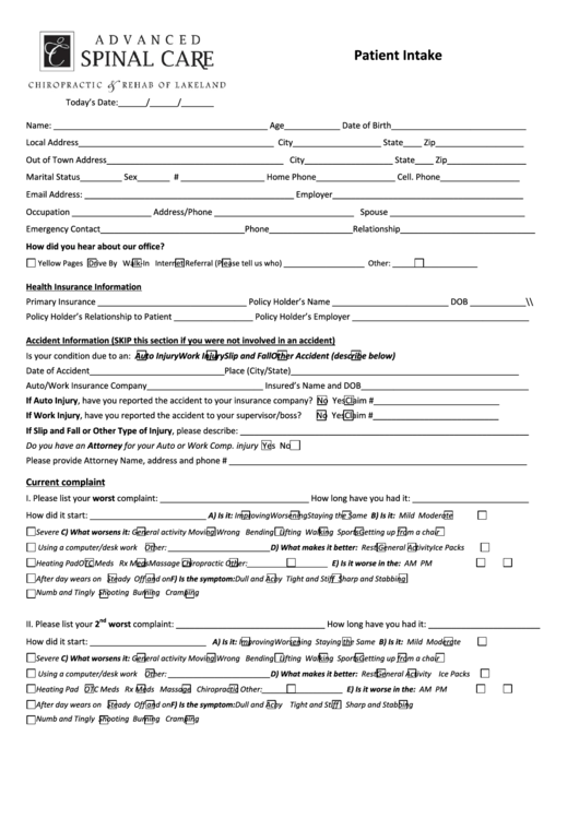 Patient Intake Form - Advanced Spinal Care Printable pdf