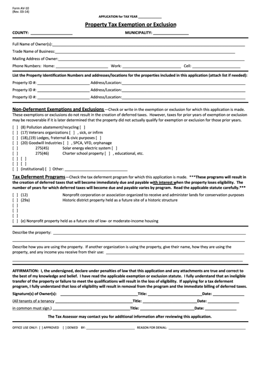 Form Av-10 - Application For Property Tax Exemption