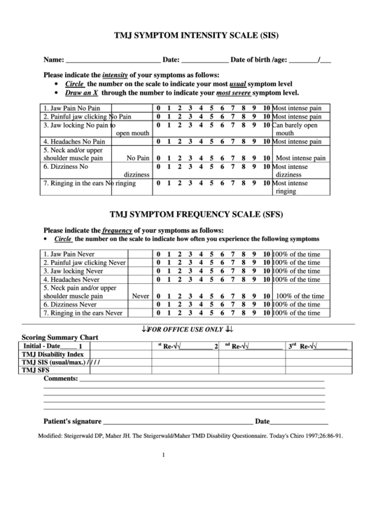 Tmj Symptom Intensity Scale (Sis) Form Printable pdf