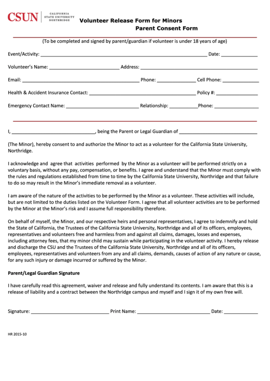 Fillable Volunteer Release Form For Minors Parent Consent Form Printable pdf