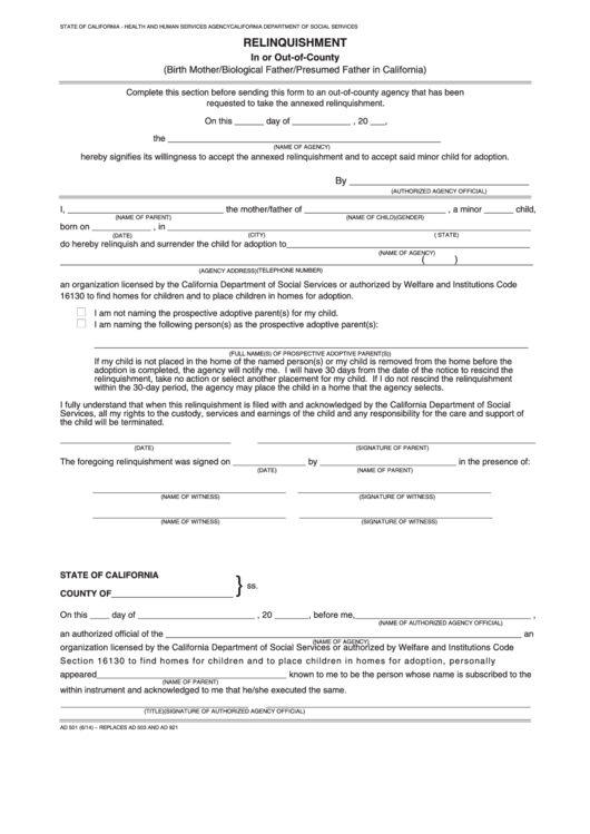 Fillable Form Ad 501 Relinquishment In Or Out-Of-County - California Department Of Social Services Printable pdf