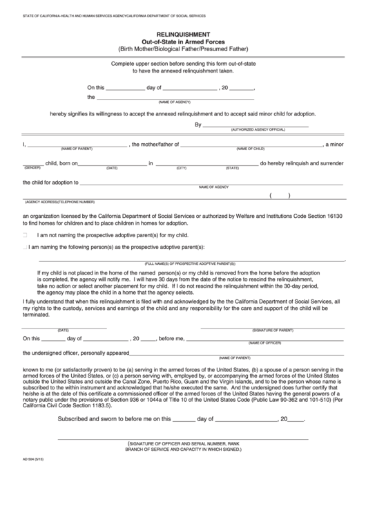 Fillable Form Ad 504 Relinquishment Out-Of-State In Armed Forces - California Department Of Social Services Printable pdf