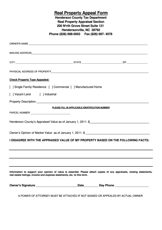 Real Property Appeal Form - Henderson County Tax Department Printable pdf