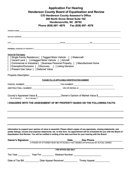 Application For Hearing Form Henderson County Board Of Equalization