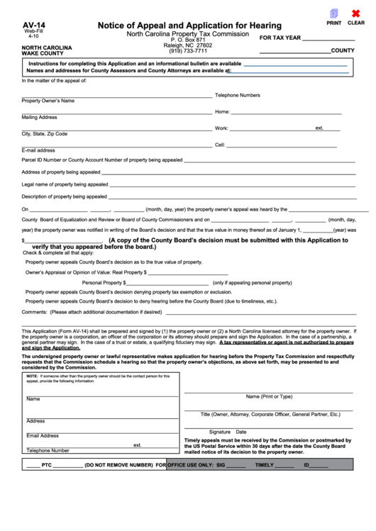 Fillable Form Av-14 Notice Of Appeal And Application For Hearing - Nc, Wake County Printable pdf