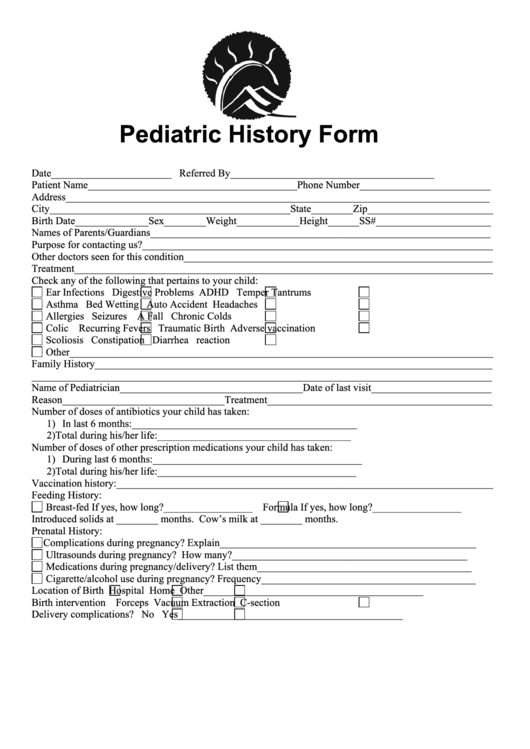 Pediatric History Form Printable pdf