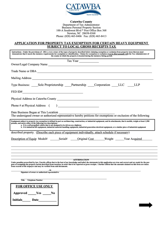 Fillable Application For Property Tax Exemption For Certain Heavy Equipment Subject To Local Gross Receipts Tax Form - Catawba County Printable pdf