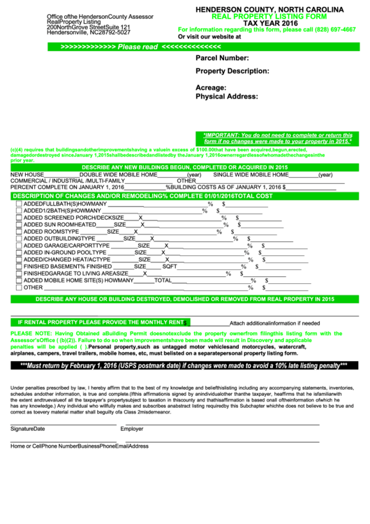 Real Property Listing Form - Henderson County - 2016 Printable pdf