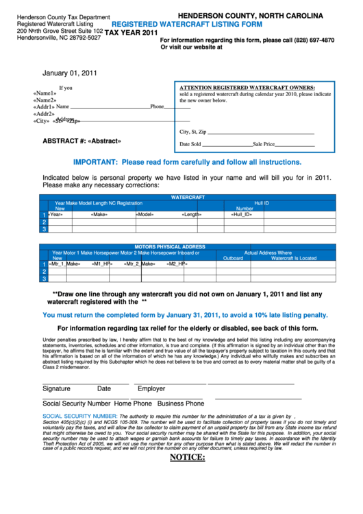 Registered Watercraft Listing Form 2011 - Henderson County Tax Department Printable pdf