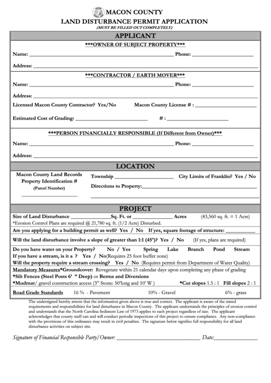 Land Disturbance Permit Application Form - Macon County Printable pdf