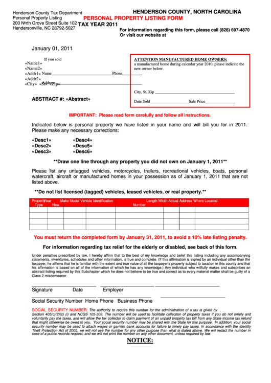Personal Property Listing Form 2011 Henderson County Tax Department