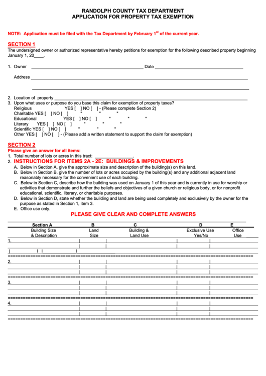 Application For Property Tax Exemption Form - Randolph County Tax Department Printable pdf