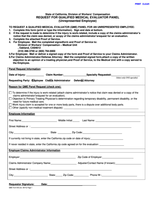 Fillable Qme Form 105 Request For Qualified Medical Evaluator Panel (Unrepresented Employee) Printable pdf
