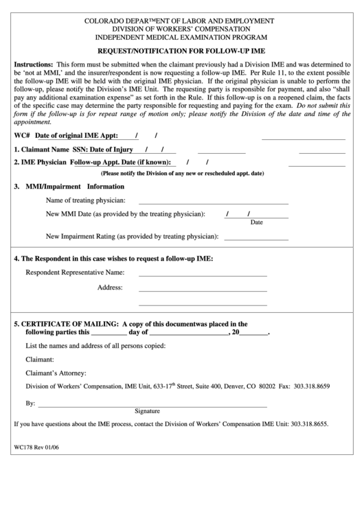 Fillable Form Wc178 Request/notification For Follow-Up Ime Printable pdf