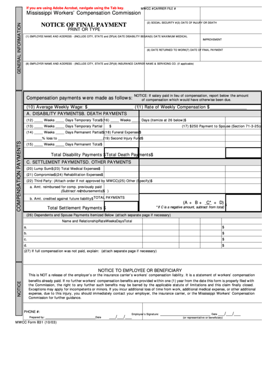 Fillable Form B31 - Mississippi Workers