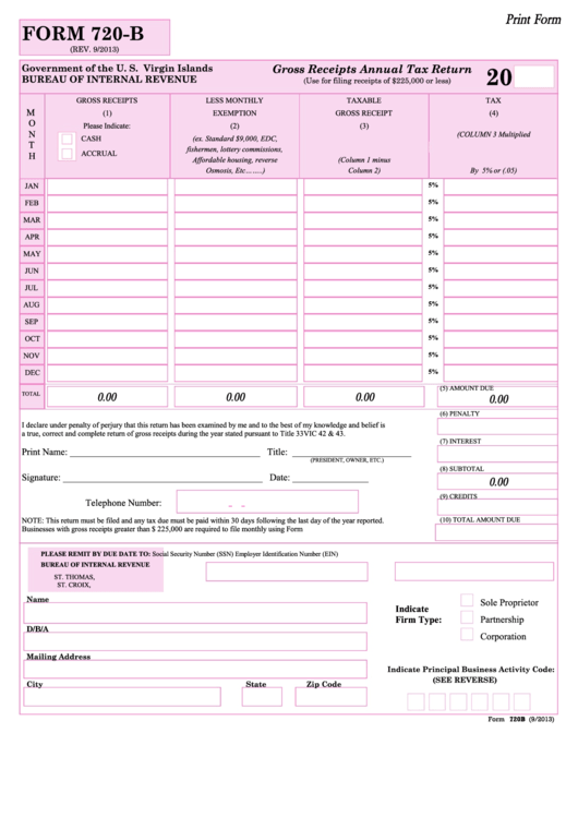 Fillable Form 720 B Gross Receipts Annual Tax Return Printable Pdf Download